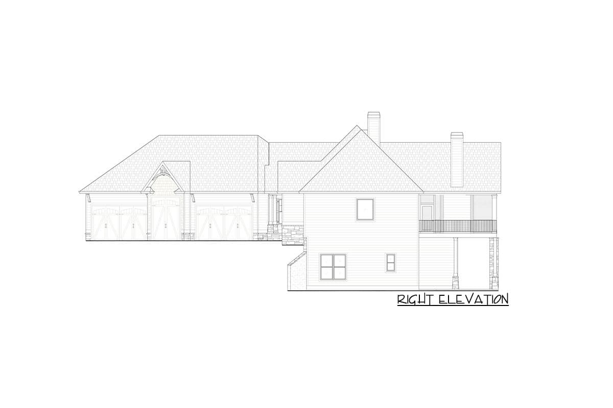 Right elevation house plan showing a four-car garage, gable roof, stone accents, and a second-story balcony.