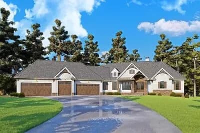 One-Story Mountain Craftsman House Plan with Angled 5-Car Garage - 4140 Sq Ft