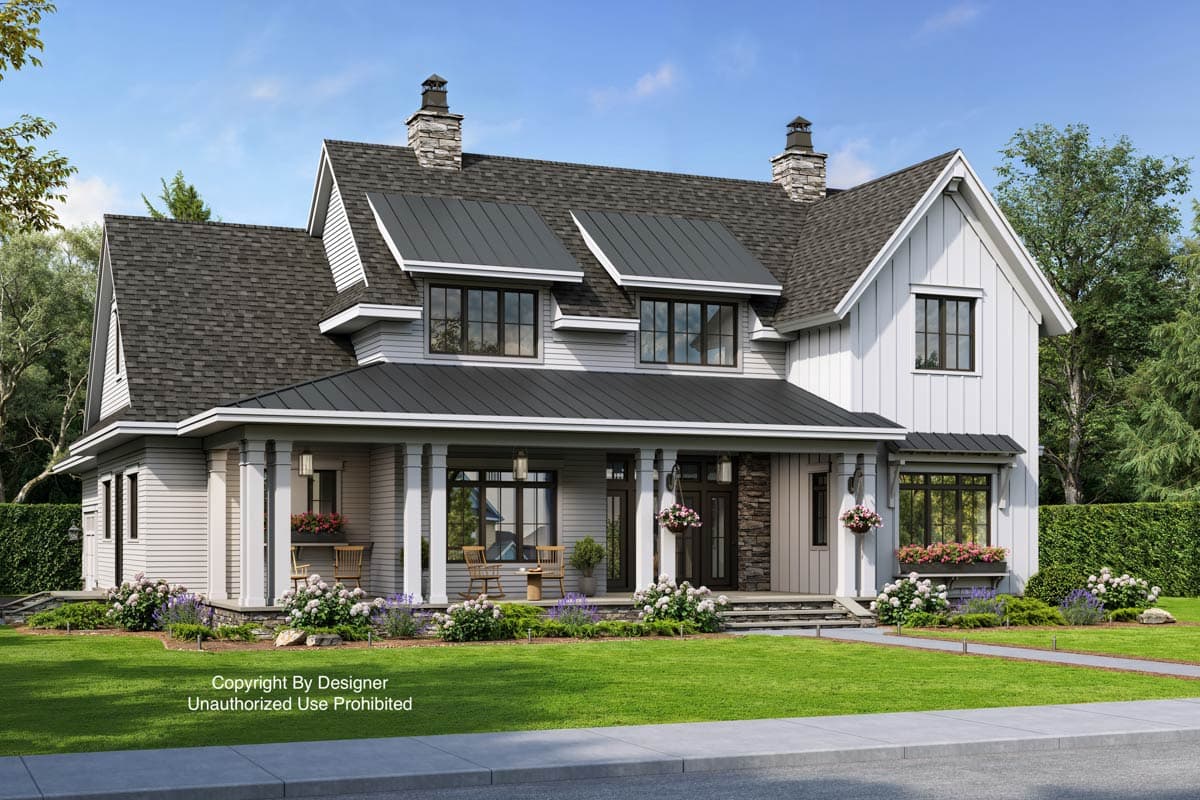 Modern Farmhouse house plan exterior with a wrap-around porch, prominent gables, and stone chimney accents.