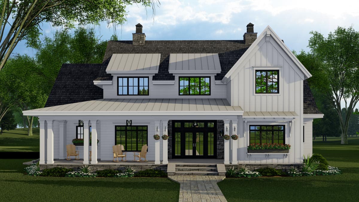 House plan exterior: Modern Farmhouse style, two stories, covered porch, gable rooflines, and dormer windows.