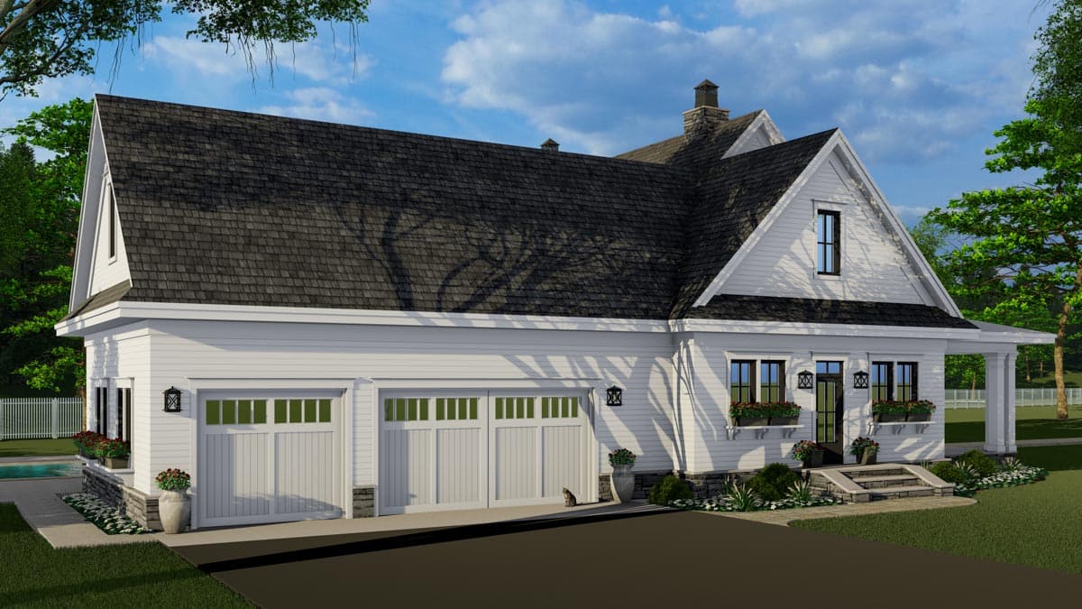 House plan exterior: Modern Farmhouse style, two stories, white siding, prominent gables, a covered front porch, and a three-car garage.