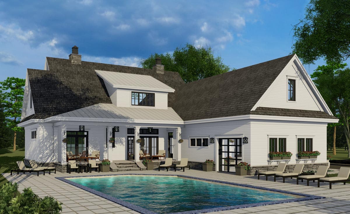 House plan exterior: Modern Farmhouse style with a covered porch, dormer, stone accents, and attached garage.