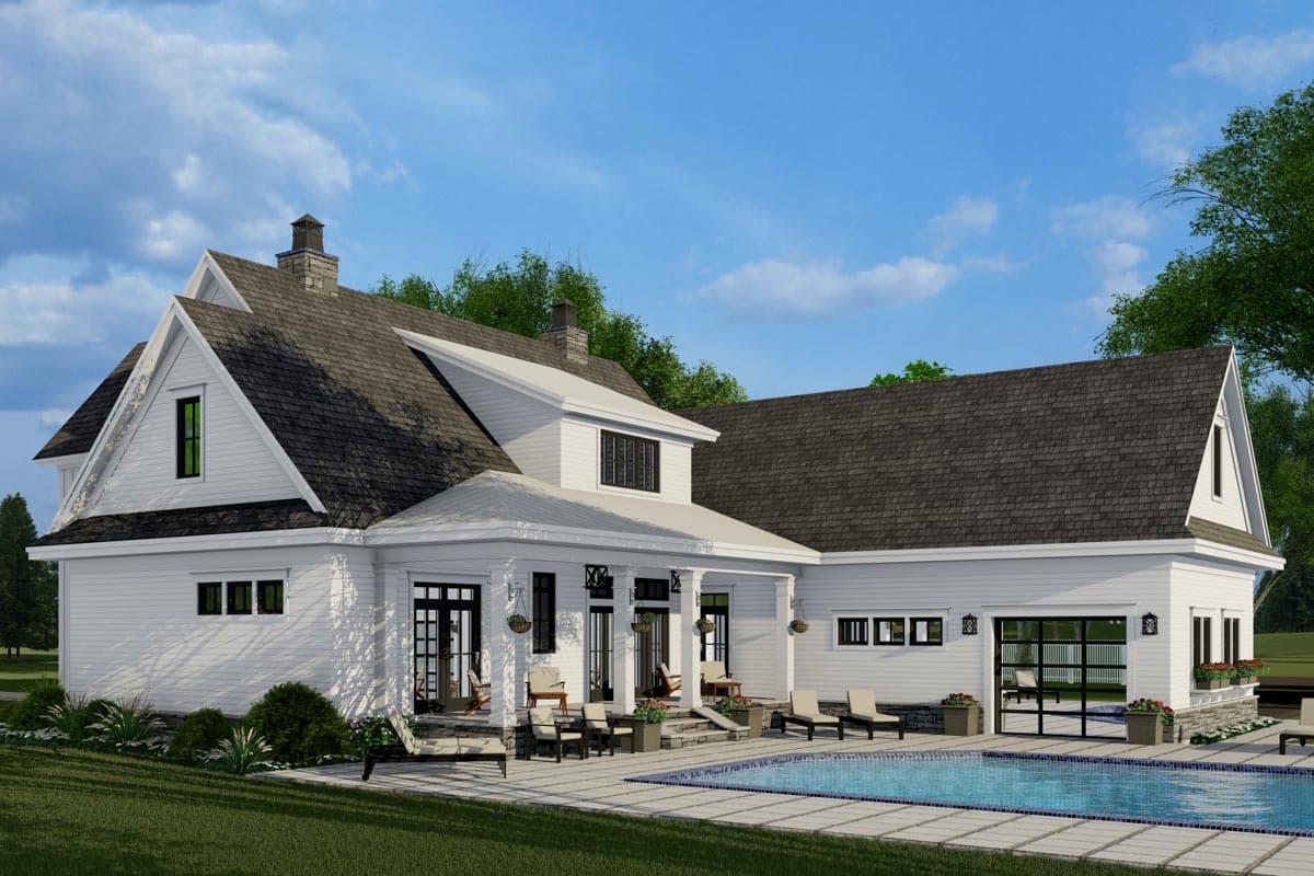 House plan exterior: Modern Farmhouse style, two stories, covered porch, gables, and attached garage with glass doors.