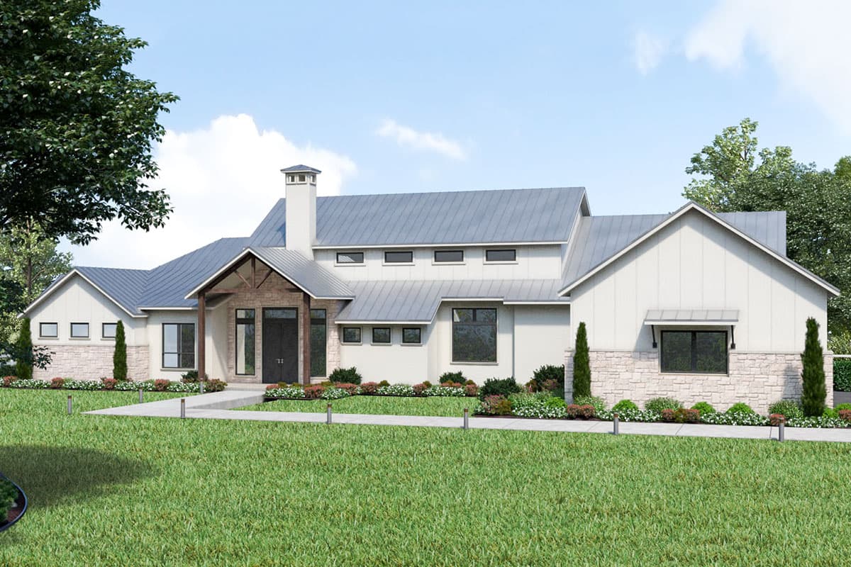 House plan exterior. Modern Farmhouse style with two stories, gabled rooflines, and a covered porch. Features stone accents and metal roof.