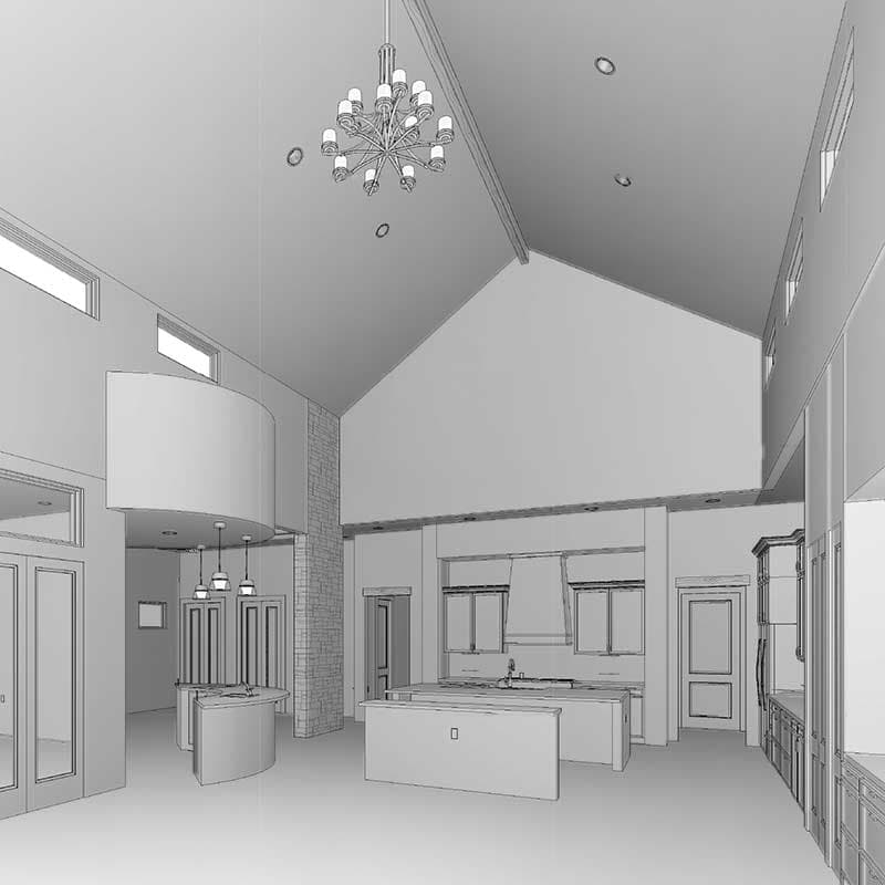 Wireframe rendering of an open-concept kitchen and great room with vaulted ceilings, large island, and stone accent wall.