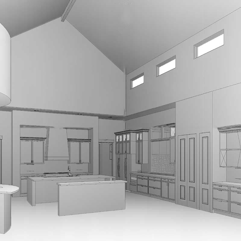 Interior rendering of a modern kitchen with vaulted ceilings, a large island, and ample cabinet space.