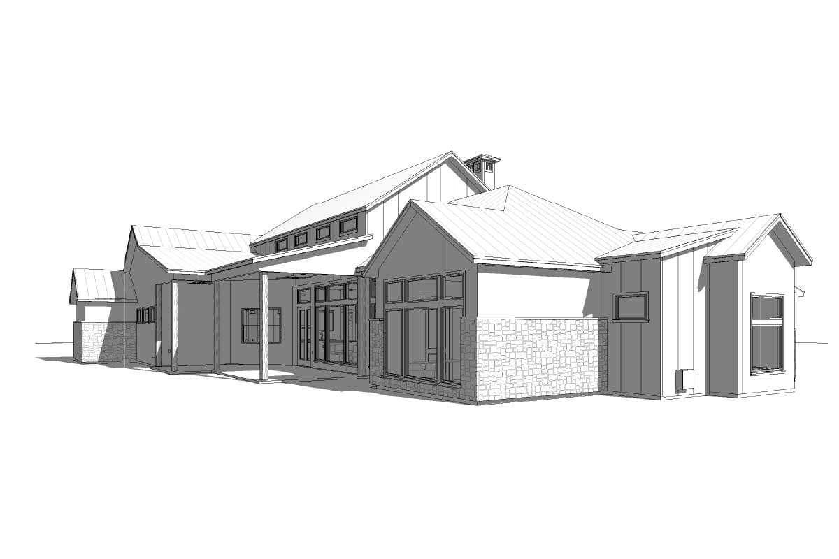 House plan exterior: Modern design with metal roof, stone base, large windows, and covered walkway.