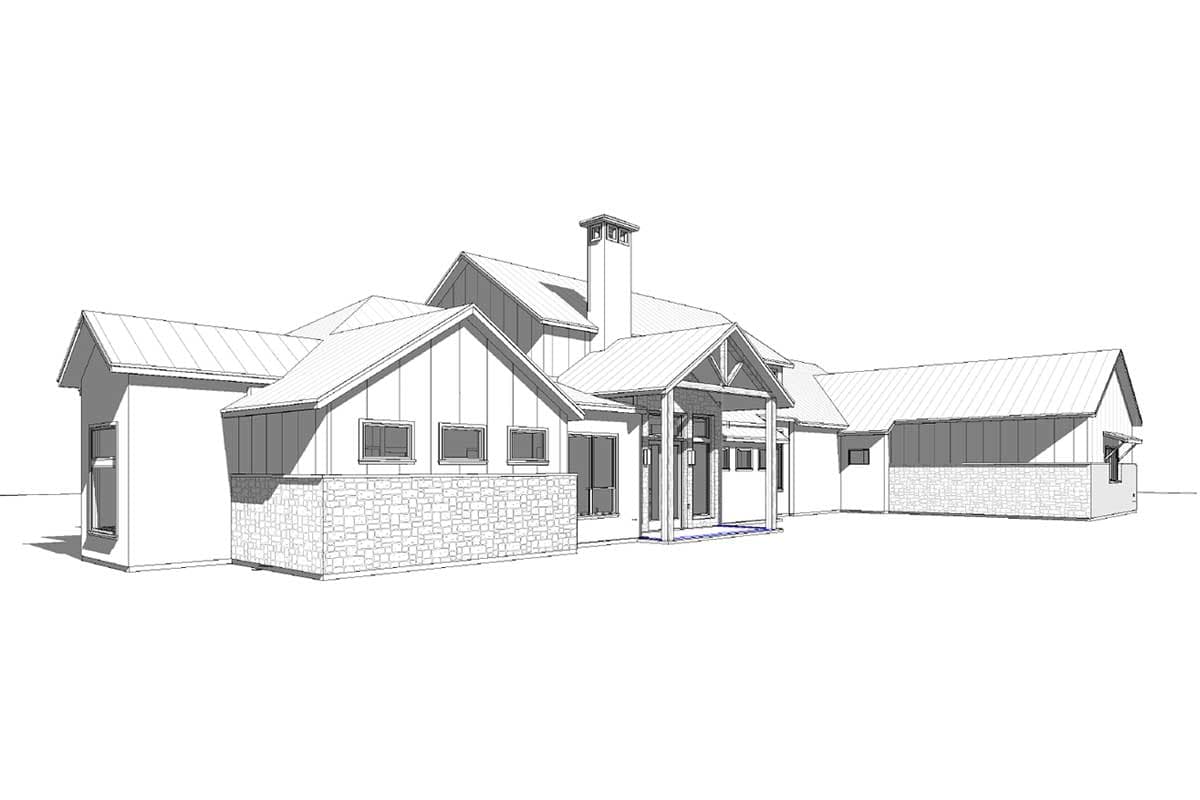 House plan exterior with stone base, metal roof, gabled dormers, and covered entry with timber supports.