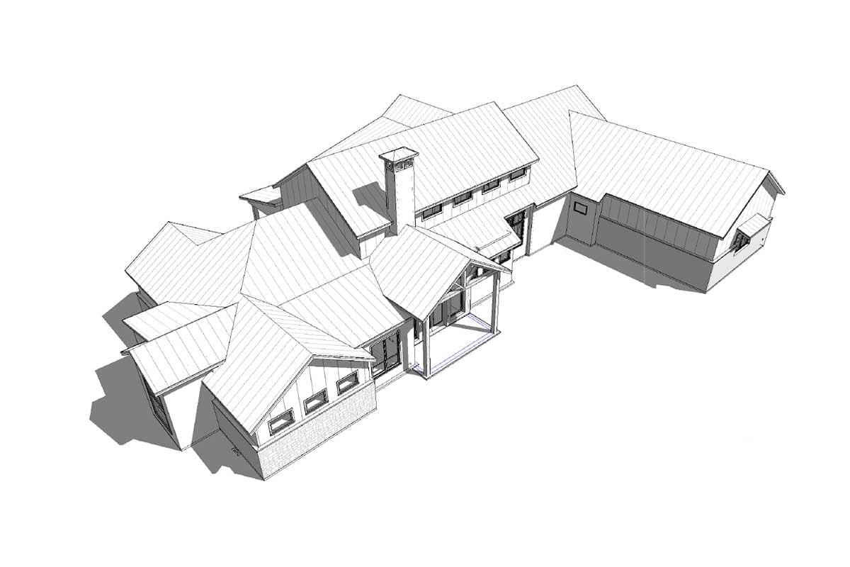 House plan exterior: Modern farmhouse style with metal roof, gabled dormers, and attached garage.