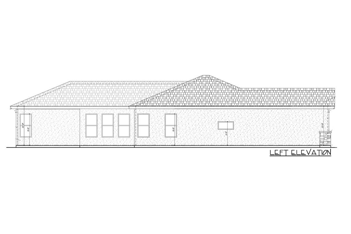 Left elevation of a house plan showing a single story with multiple windows and a hip roof.