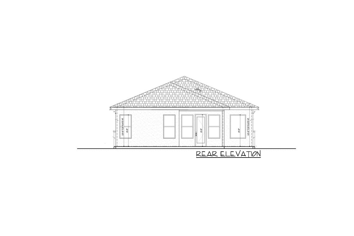 Rear elevation drawing of a single-story house with a gabled roof, central door, and multiple windows.