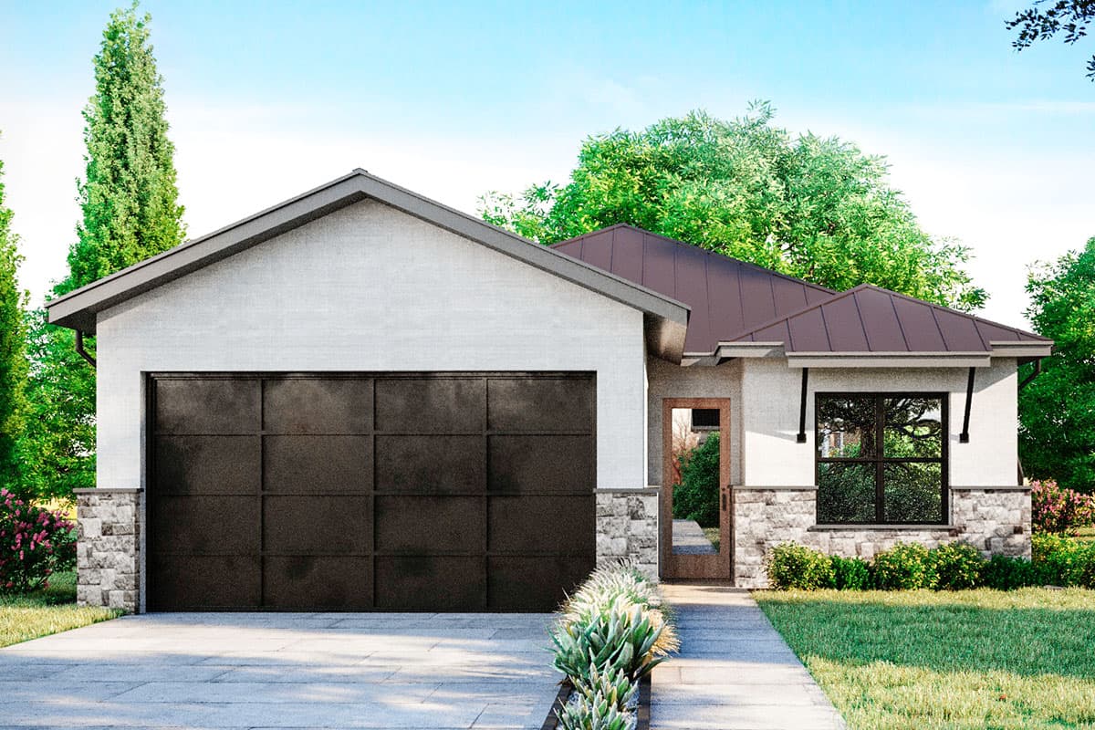 House plan exterior with modern design. Features include a one-story layout, a garage, and gabled rooflines with a mix of stone and stucco detailing.