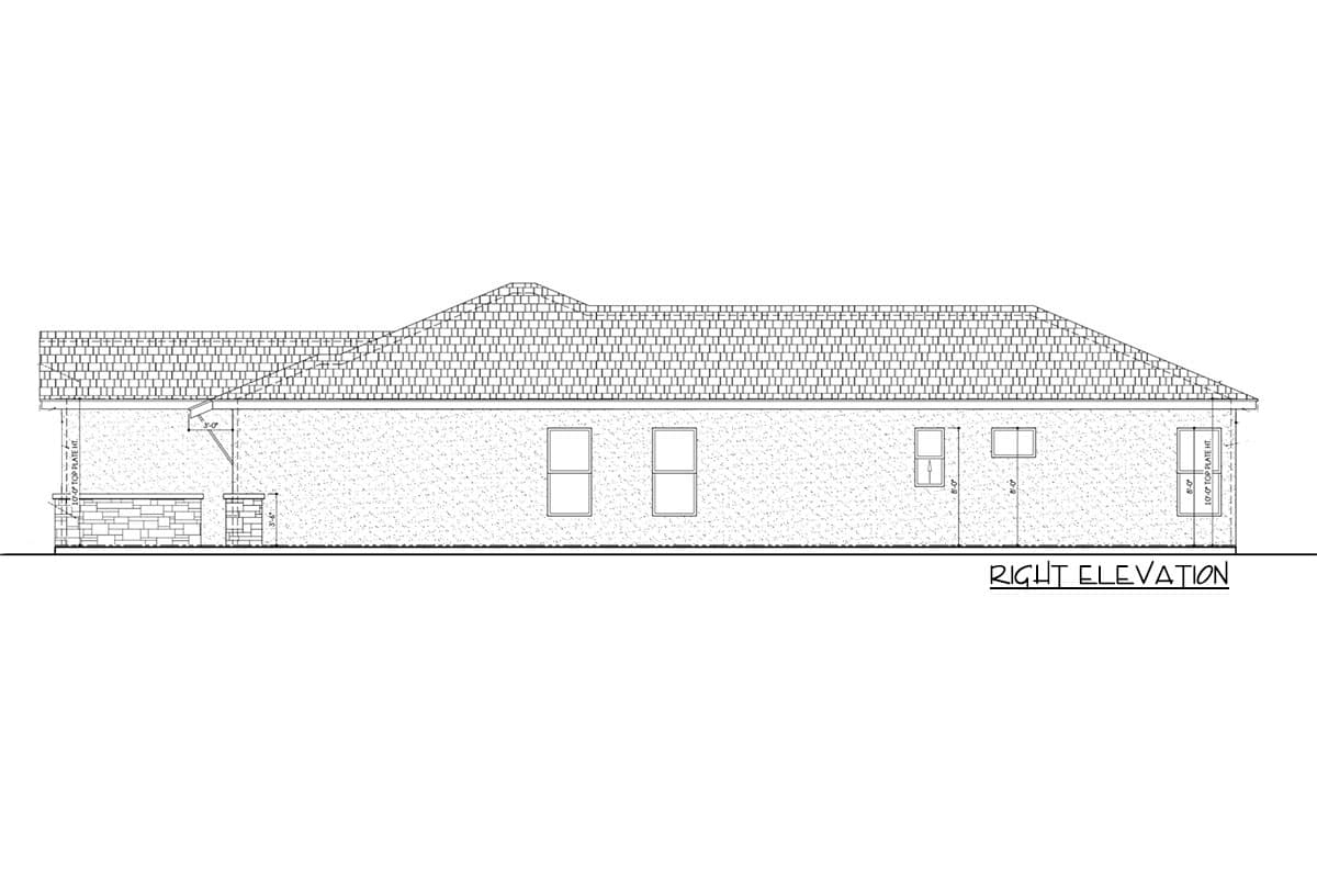 House plan right elevation showing a single-story structure with a gable roof, a covered porch with stone accents, and multiple windows.