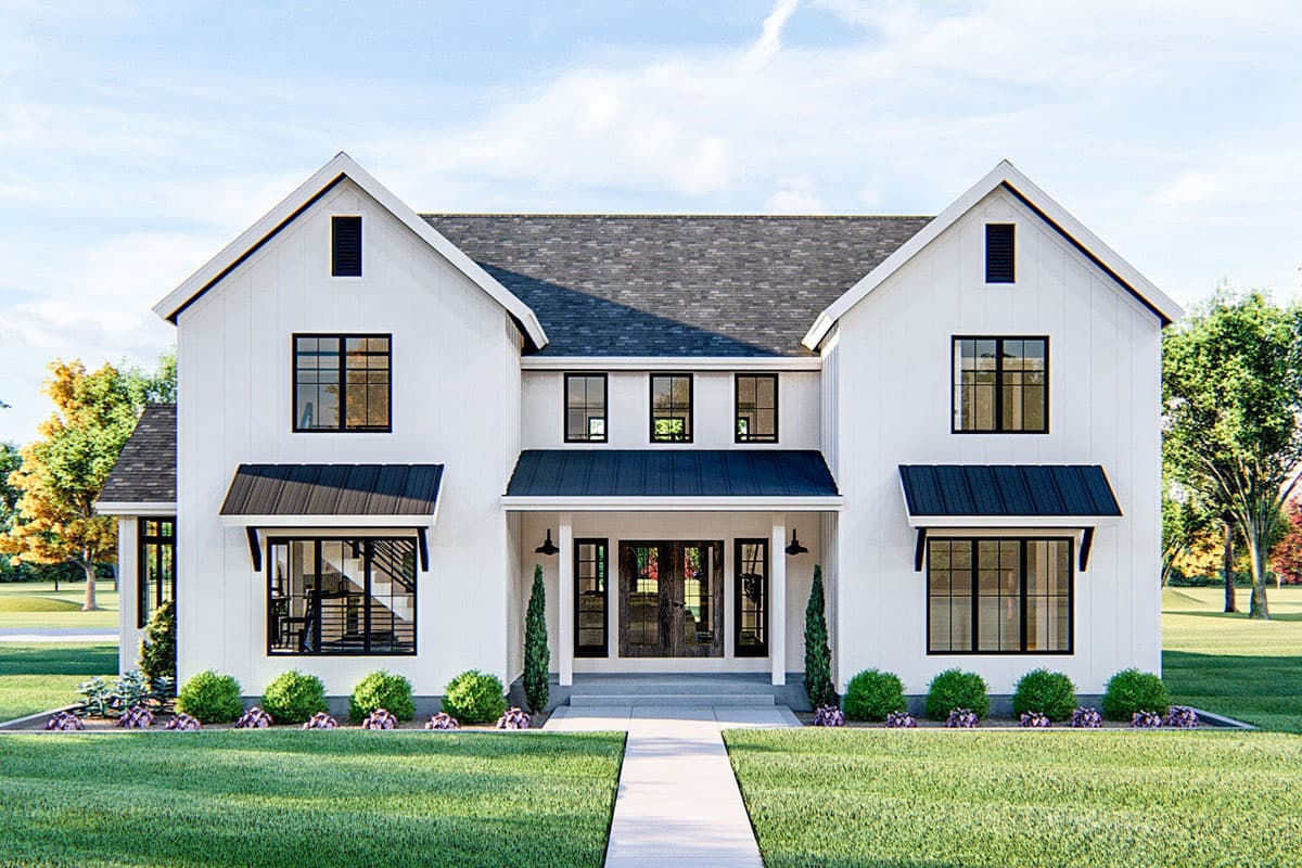 House plan exterior. Modern farmhouse style with gabled roof, two stories, black awning windows, and a covered front entry.