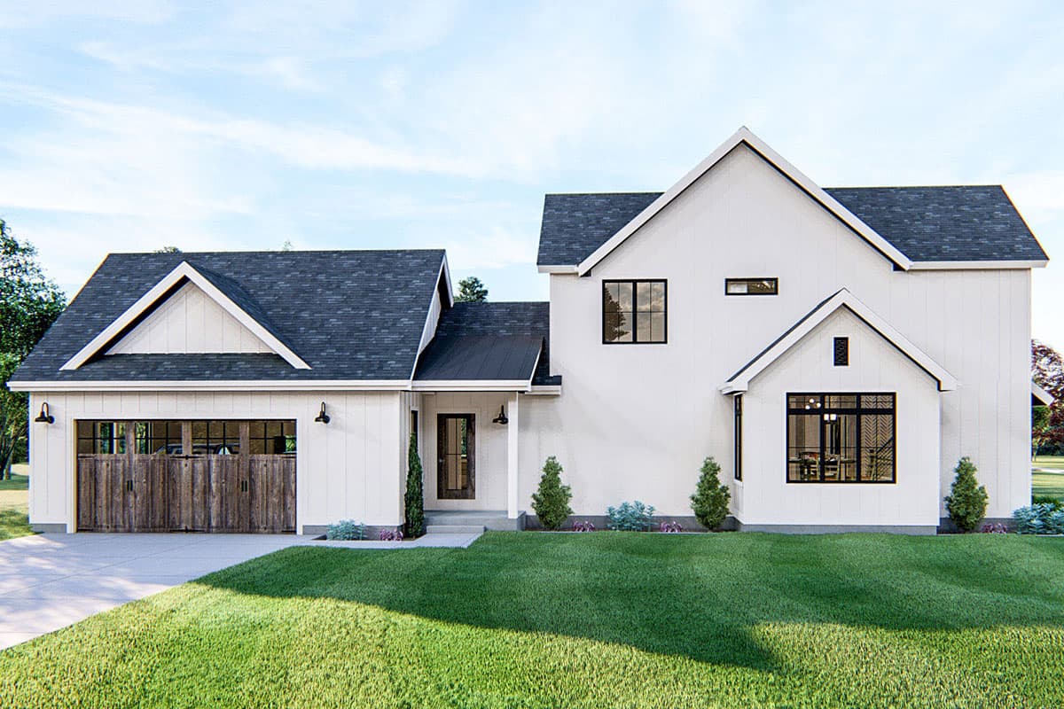 Modern Farmhouse style house plan exterior with two stories, gabled roofs, a wooden garage door, and a covered front entry.