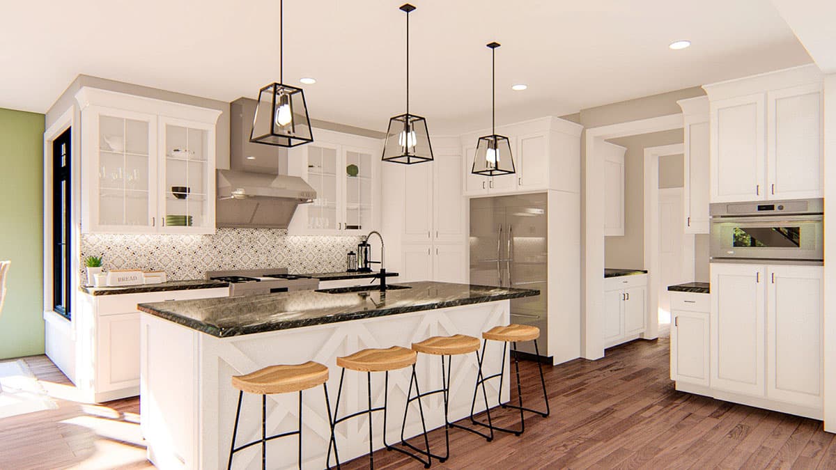 Modern kitchen with white cabinetry, large island with seating, stainless steel appliances, and geometric pendant lights.