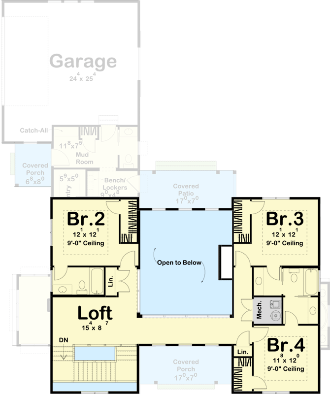 Plan 62818DJ: 4-Bed Modern Farmhouse Plan with Upstairs Loft Overlook - Floor Plan - 2nd Floor - Country, Farmhouse, Modern Farmhouse, New American