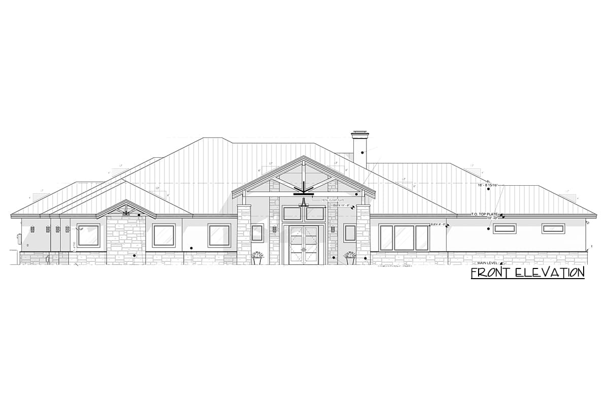 Front elevation house plan with stone accents, metal roof, gabled entry with exposed beams, and multiple windows.