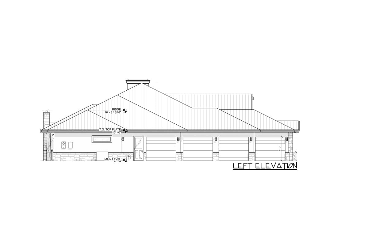 Left elevation drawing of a single-story house plan with a metal roof, five garage bays, a brick chimney, and stone wainscoting.
