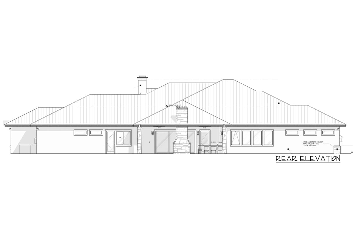Rear elevation drawing of a house plan with a prominent stone chimney, multiple windows, and a sloped roof.