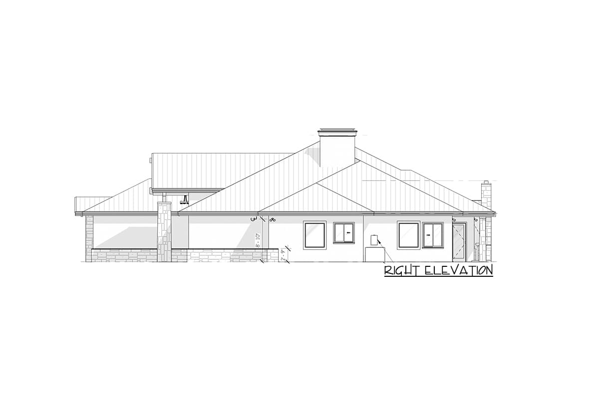 Right elevation drawing of a house plan featuring a prominent roofline, stone chimney, and multiple windows.