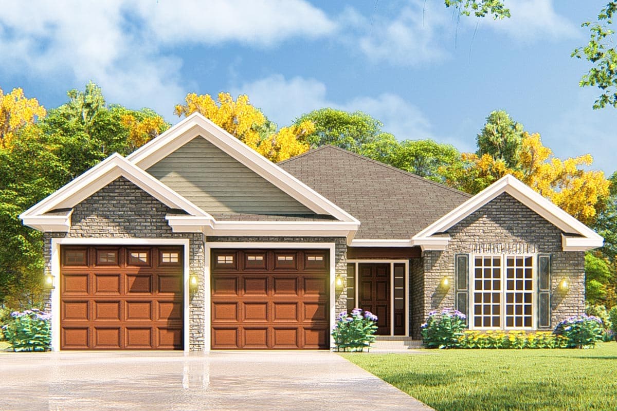 House plan exterior. Ranch style with a stone facade, two-car garage, and multiple gable rooflines. Includes shutters and decorative gables.