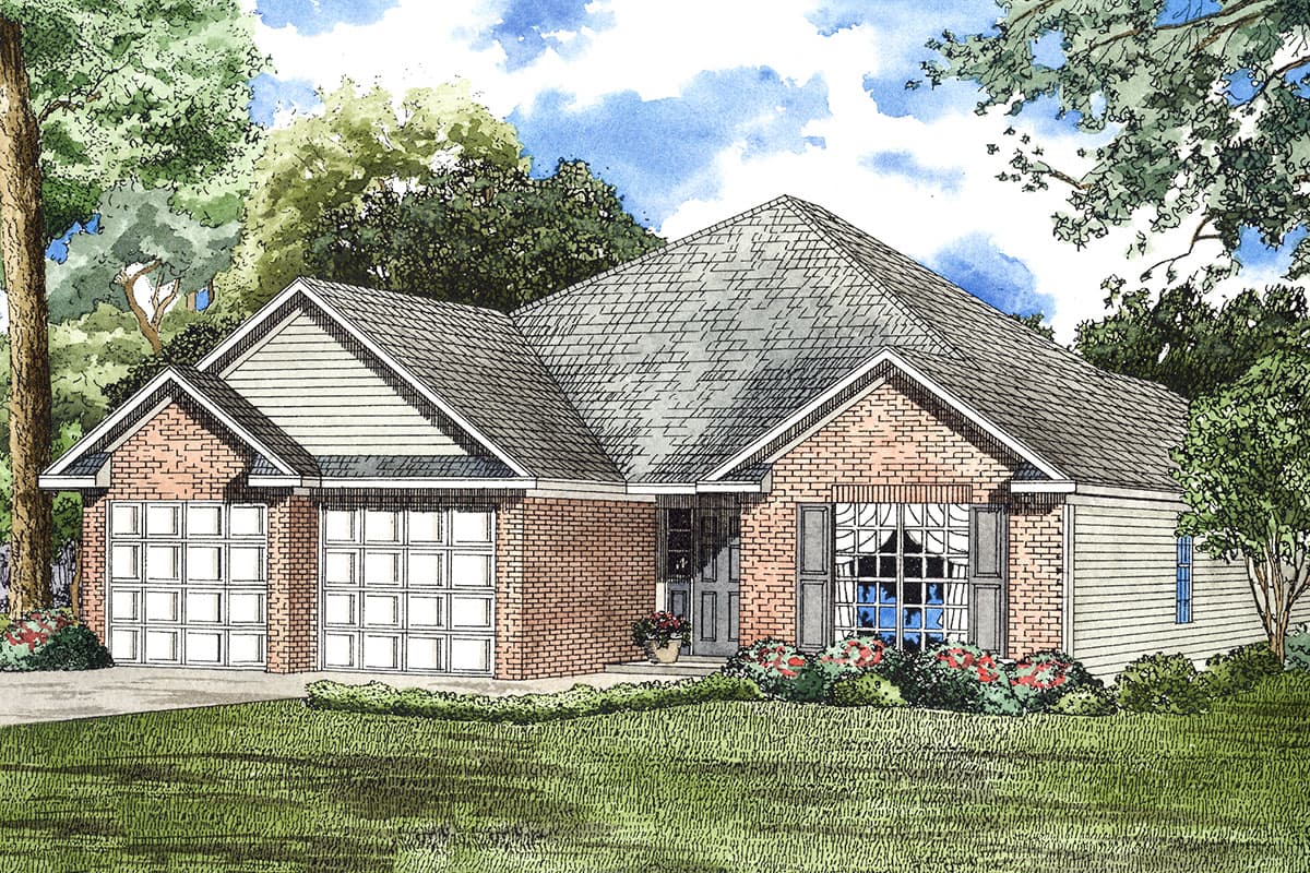 House plan exterior: One-story brick home with a dual-car garage, prominent front gable with vinyl siding, and a steeply pitched asphalt shingle roof.