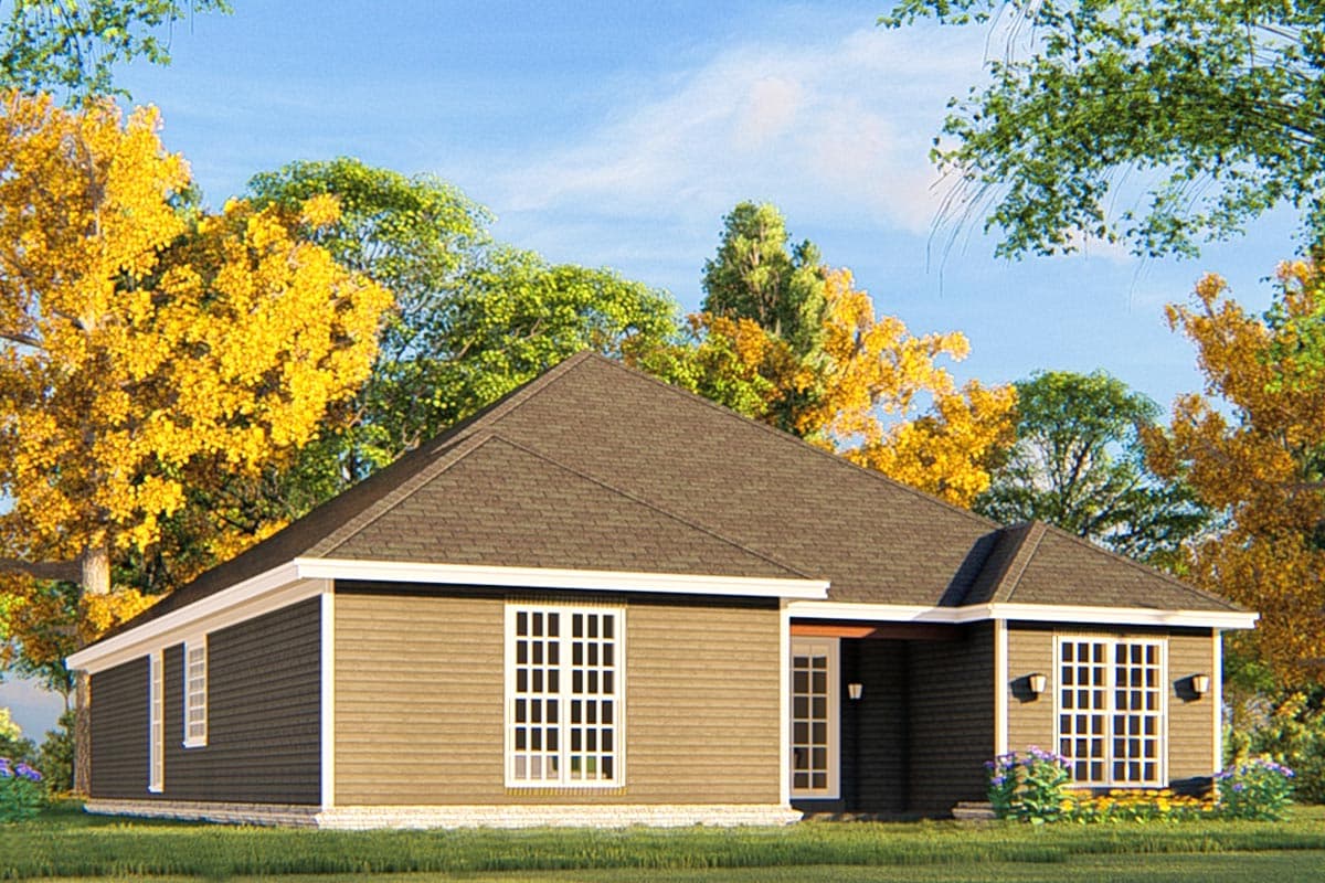 House plan exterior: One-story dwelling with hip roof, horizontal siding, multiple pane windows, and a covered entryway.