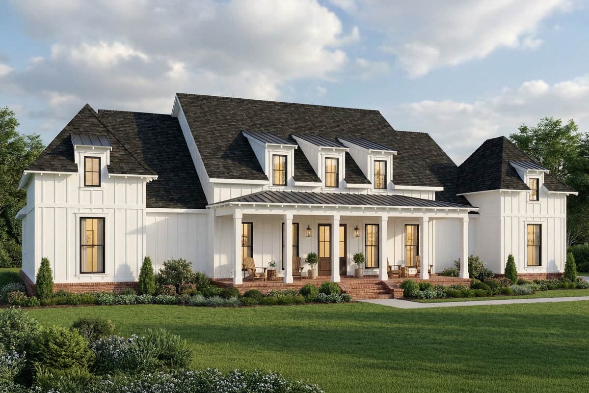 A large, two-story white farmhouse with a wraparound porch, black roof, and manicured lawn. Porch features chairs, plants, and lanterns. Sunny day.