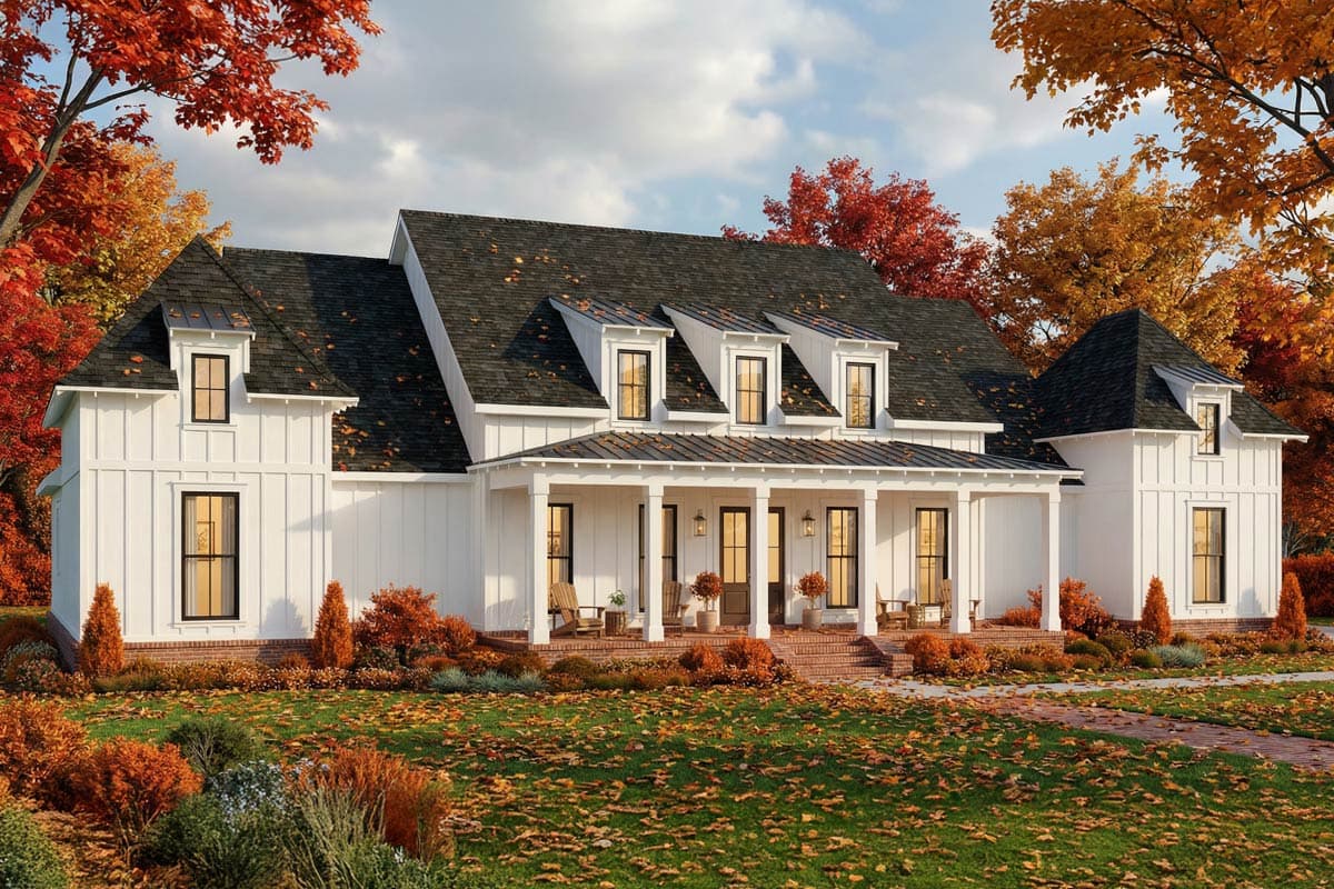 House plan exterior: Modern Farmhouse style, two stories, wide covered porch, multiple gables, and dormer windows.