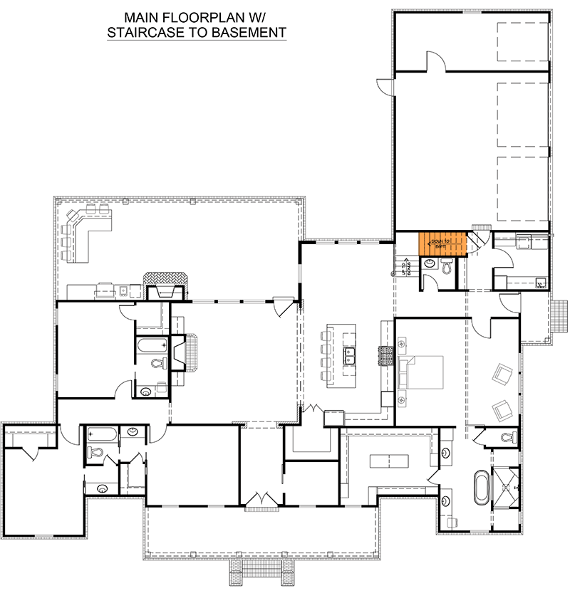 Plan 56458SM: Farmhouse Plan with Luxurious Master Suite - 2986 Sq Ft - Floor Plan - Basement Stairs Location - Farmhouse, Modern Farmhouse, New American, Southern