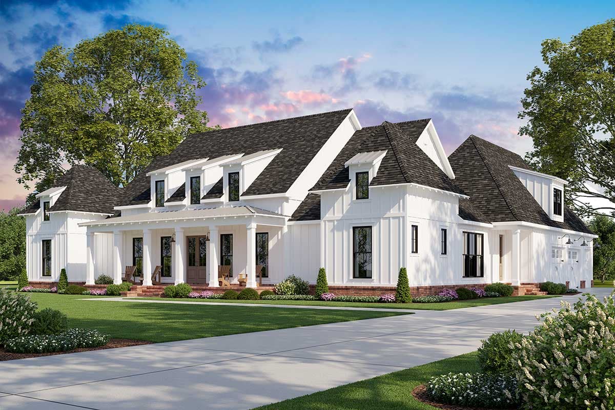 Modern Farmhouse house plan exterior with a wraparound porch, dormers, and multiple gables.
