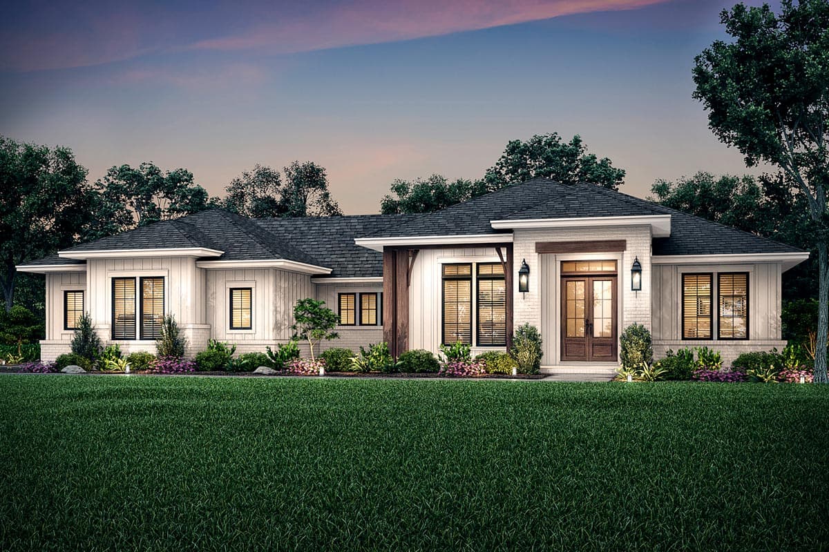 Ranch-style house plan exterior with a single story, white board and batten siding, brick accents, a covered entry, and dark-shingled roof.