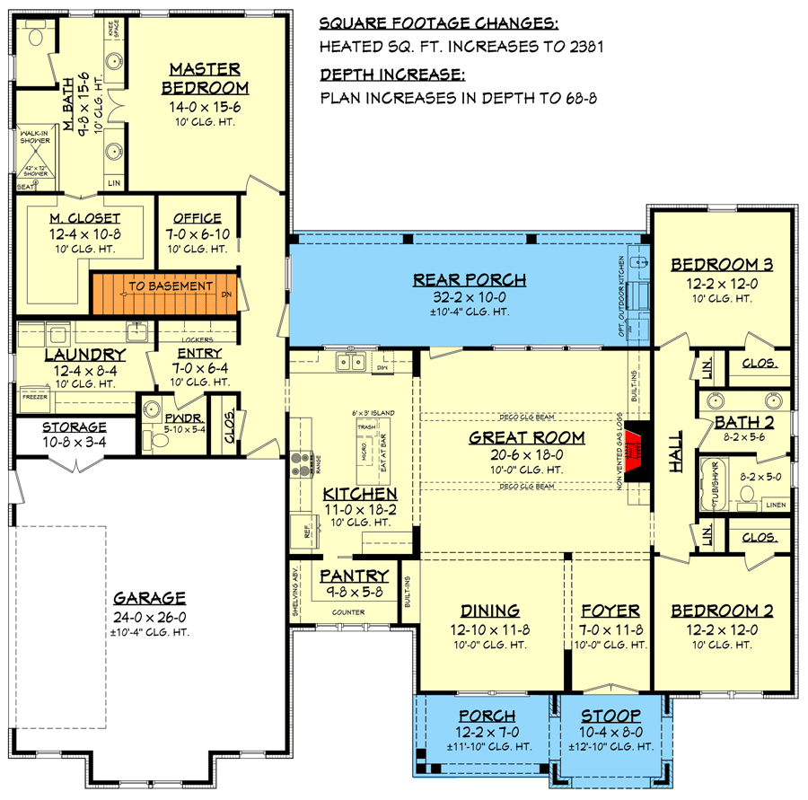 Plan 51820HZ: One-Story New American Ranch House Plan with Board and Batten Siding - 2330 Sq Ft - Floor Plan - Basement Stair Location - Contemporary, Country, New American, Prairie, Ranch