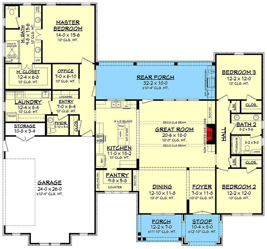 Plan 51820HZ: One-Story New American Ranch House Plan with Board and Batten Siding - 2330 Sq Ft - Floor Plan - Main Level - Contemporary, Country, New American, Prairie, Ranch