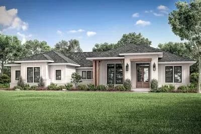 One-Story New American Ranch House Plan with Board and Batten Siding - 2330 Sq Ft