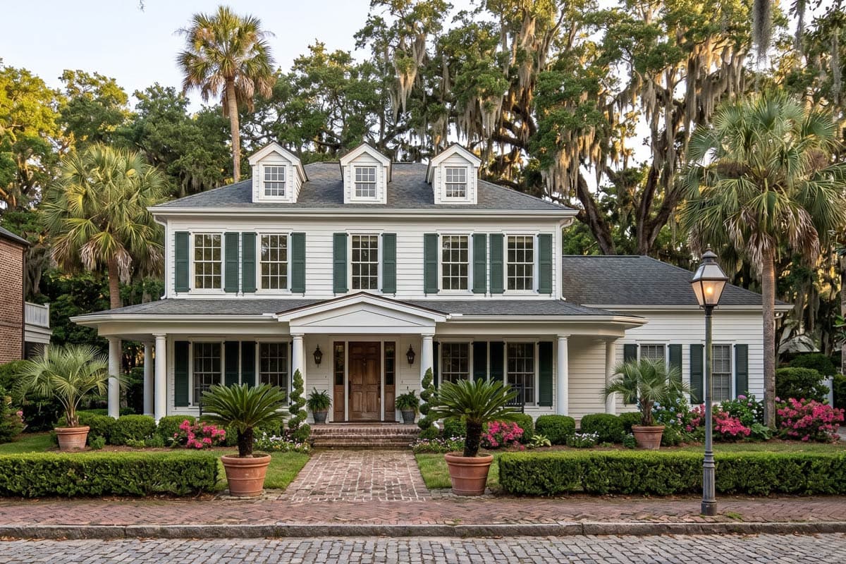 Two-story house plan with a wraparound porch, dormer windows, and a central portico.