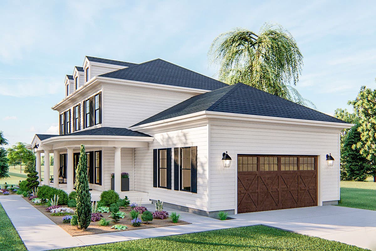 House plan exterior: two-story Modern Farmhouse with wraparound porch, dormers, and side-entry garage with wood garage doors.