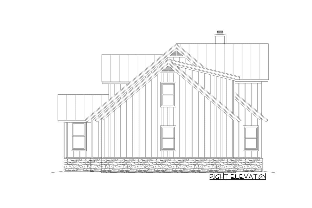 Right elevation house plan with vertical siding, gable dormers, stone foundation, and shed roof elements.