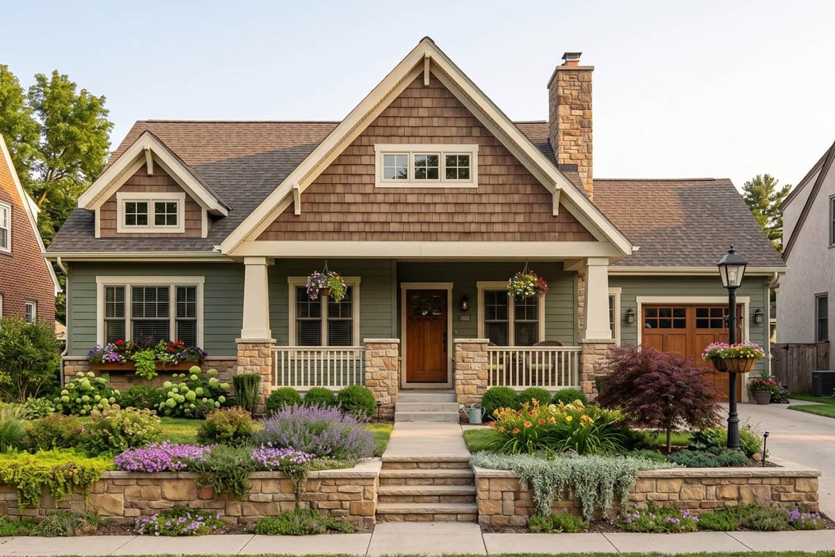 Craftsman house plan exterior with shingle siding, stone accents, a covered porch with stone pillars, and a gable dormer.