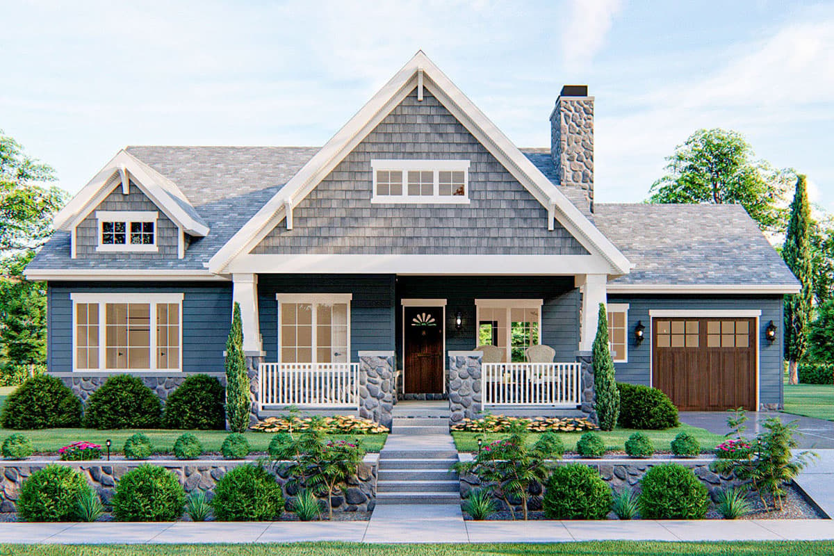 House plan exterior featuring a Craftsman style. The one-story home has a front porch with a gable roof, stone chimney, and an attached garage.