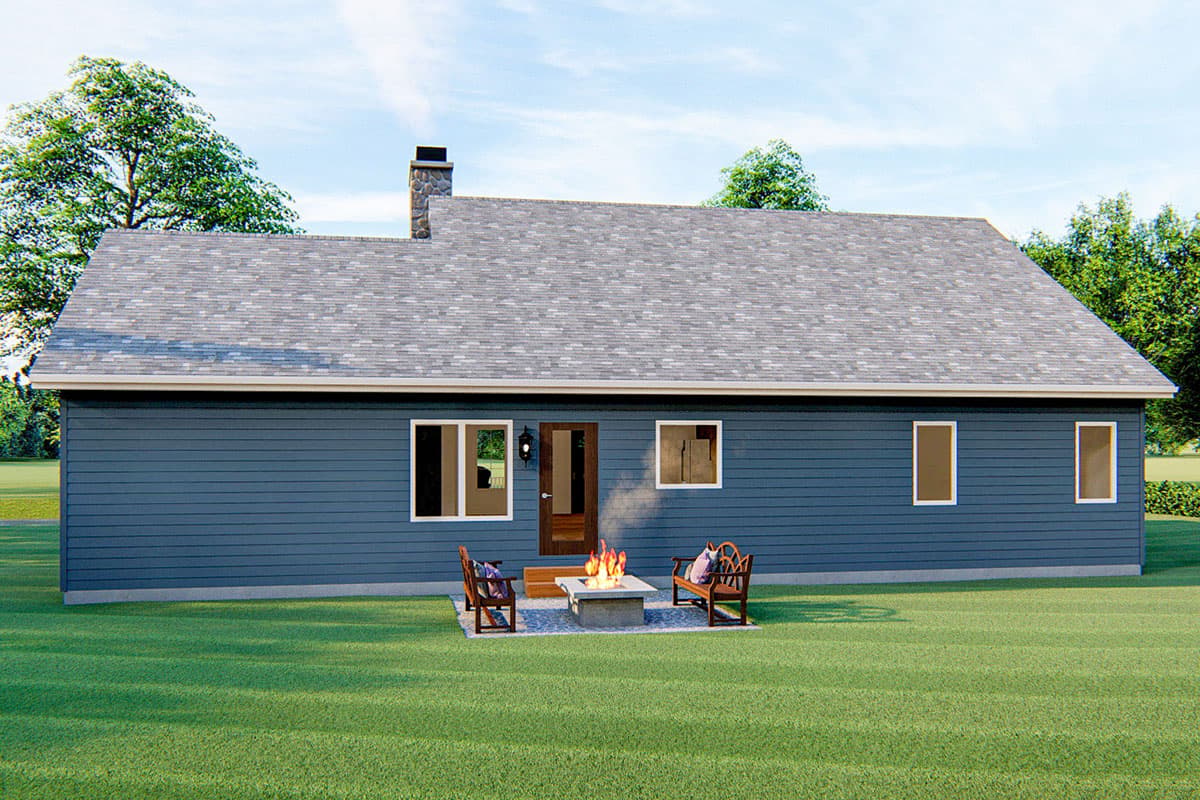 House plan exterior: one-story ranch with blue siding, gray roof, stone chimney, and central door with flanking windows.