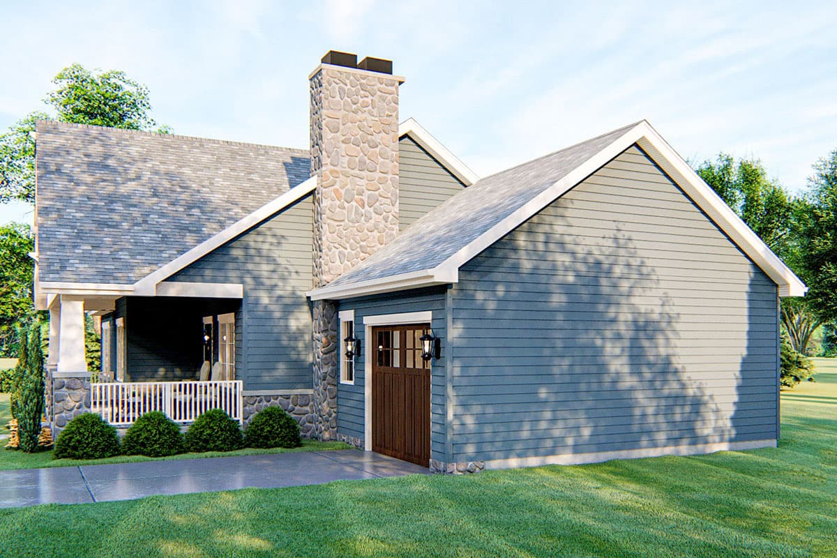 House plan exterior: Single-story home with stone chimney, covered porch with stone accents, and single garage door.