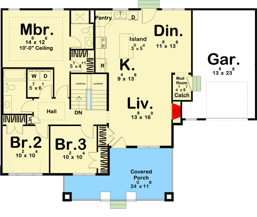 Plan 62820DJ: 3-Bed Cottage-style House Plan with Open Floor Plan - Floor Plan - Main Level - Cottage, Country, Craftsman, New American, Traditional