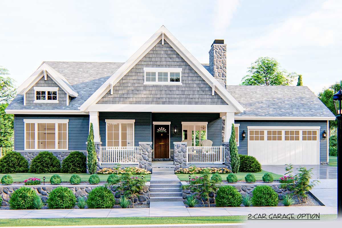 Craftsman style house plan exterior with prominent gables, stone chimney, covered porch, and attached 2-car garage.