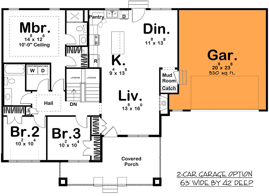 Plan 62820DJ: 3-Bed Cottage-style House Plan with Open Floor Plan - Floor Plan - 2-Car Version - Cottage, Country, Craftsman, New American, Traditional