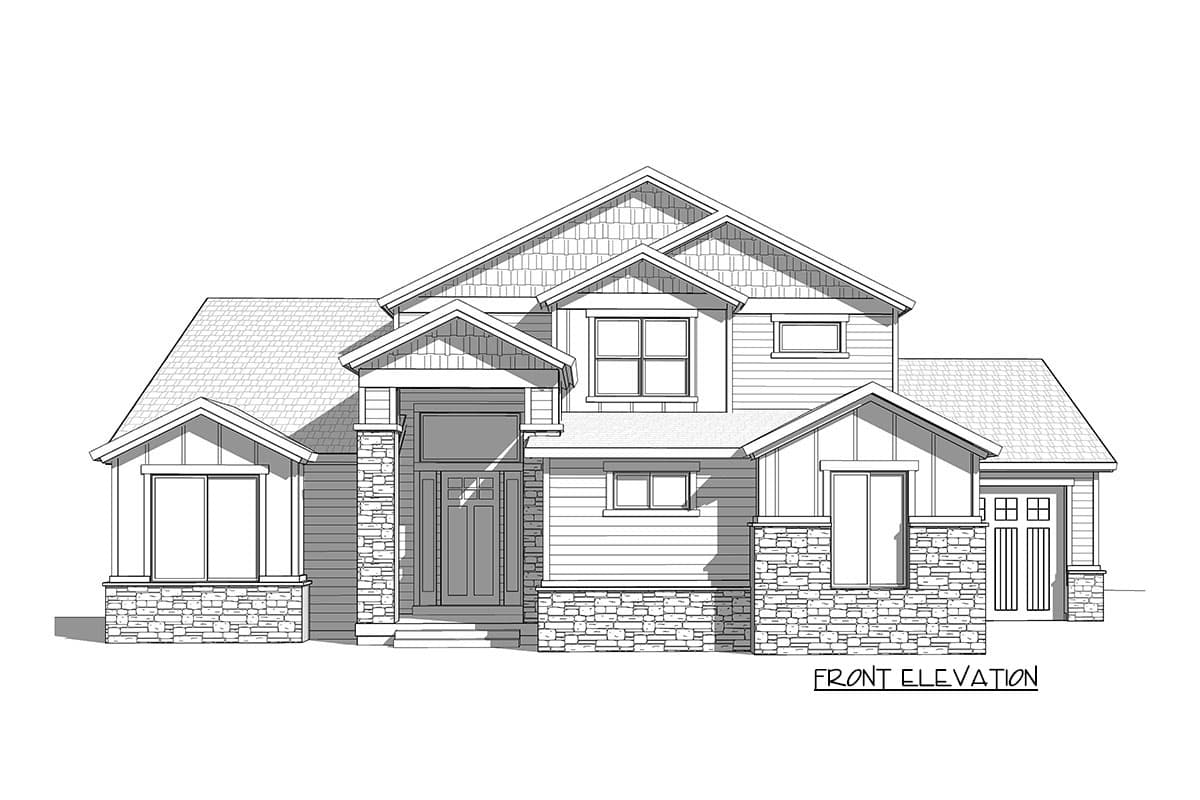 Front elevation drawing of a two-story house with gables, stone accents, covered entry, and attached garage.