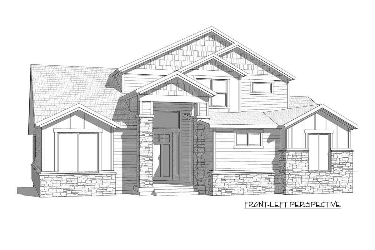 House plan exterior, front-left perspective. Two-story home with gables, stone accents, and covered entry with stone pillars.