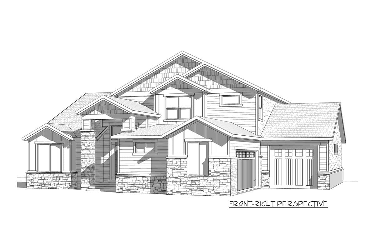 House plan exterior: Two-story modern home with stone accents, multiple gables, dormers, and a two-car garage.