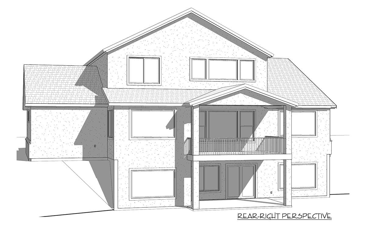 House plan exterior, two stories, rear-right perspective showing a covered deck with railing and multiple windows.
